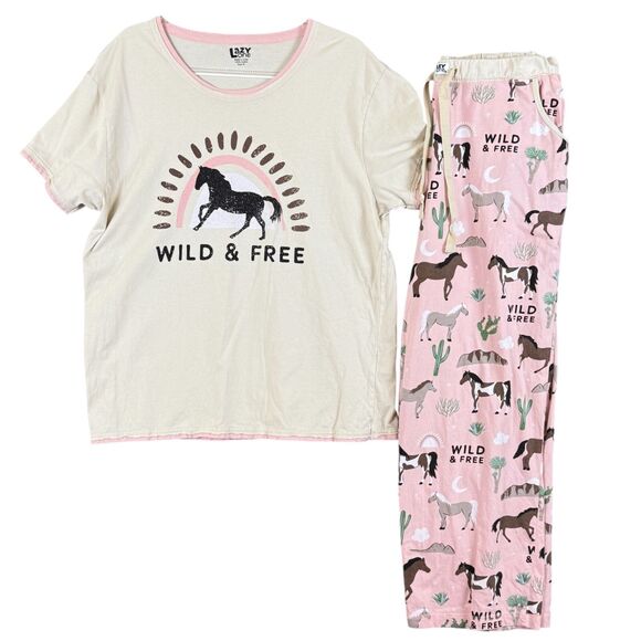 Lazy One Pajama Set Womens XL Horse Equestrian Wild & Free Pant S/S Shirt Pink